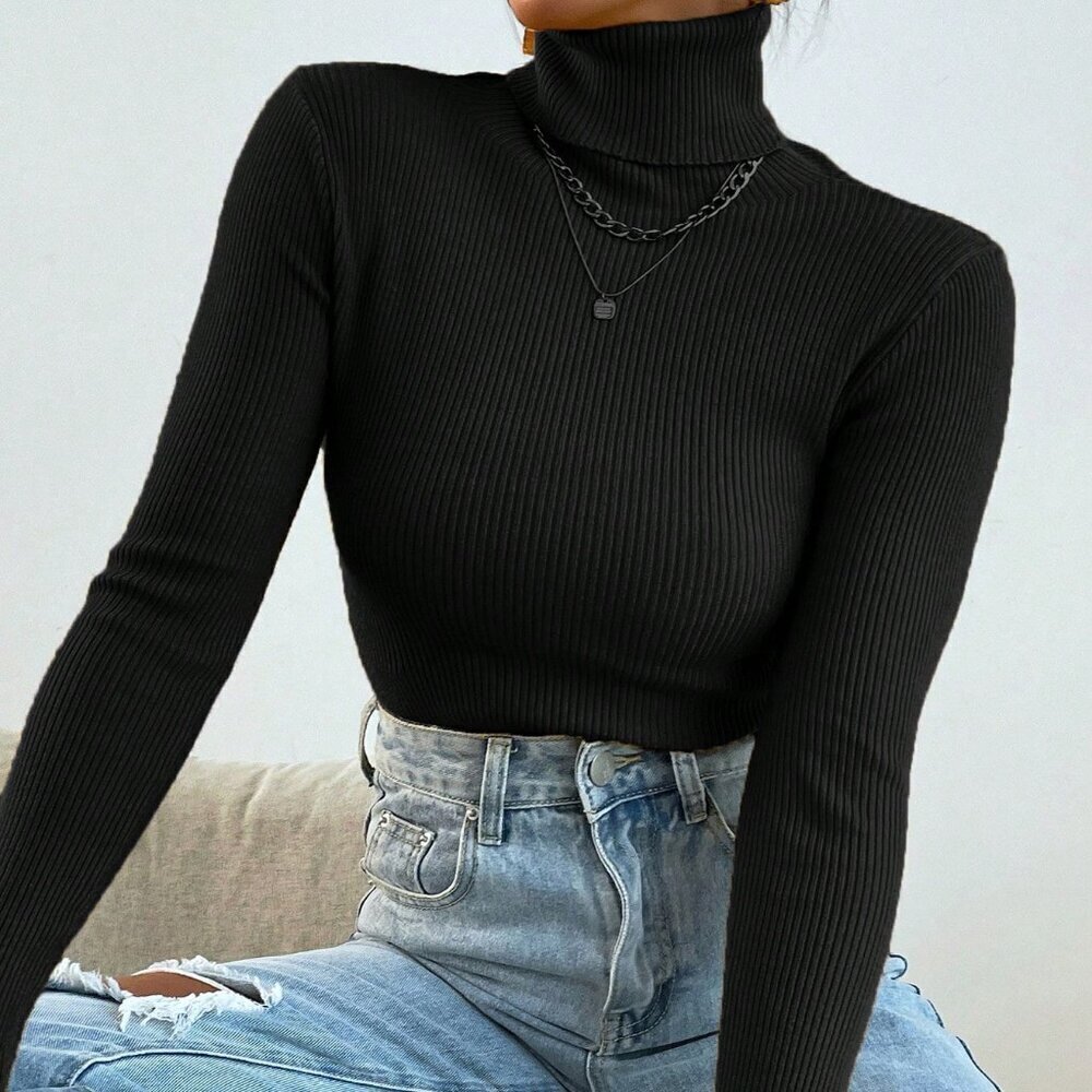 Black Casual Women's Turtleneck Ribbed Long Sleeve Thermal Pullover Sweater